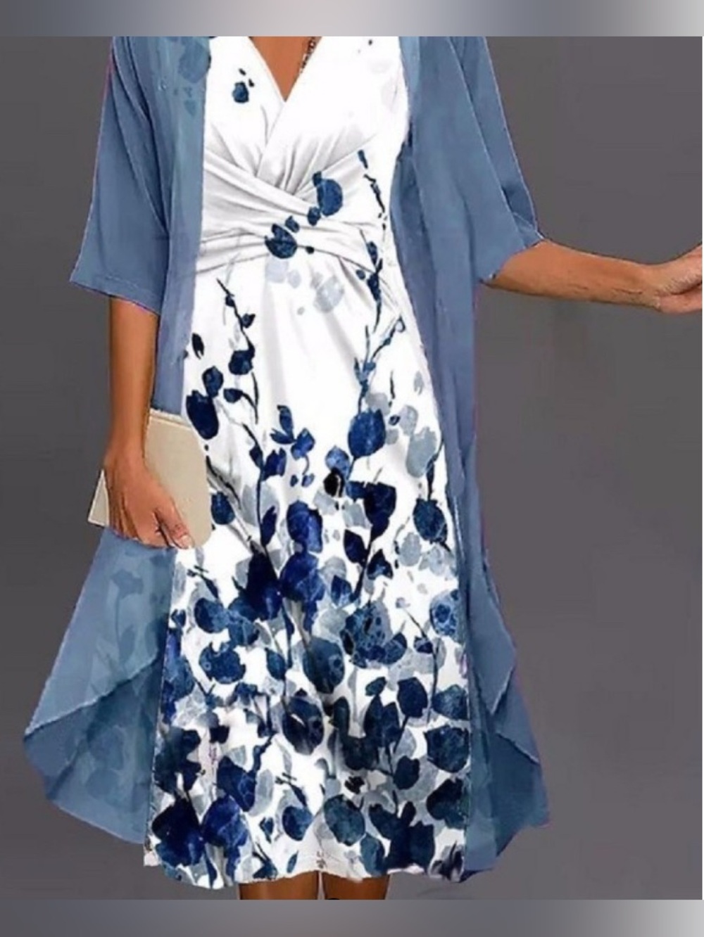 Sleeveless Maxi Dress With Kimono Blue And White Floral Watercolor Print